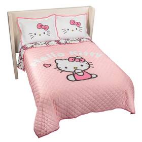 Jay Franco 032281432393 Hello Kitty Pink Stripes And Hearts Full/queen Size Quilt Sham Set