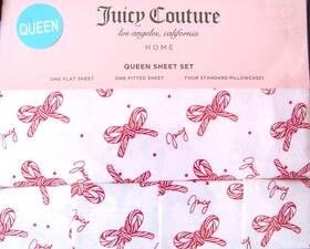 17640 Juicy Couture Christmas Holiday Candy Cane Bows Logo 6pc Queen Sheet Set