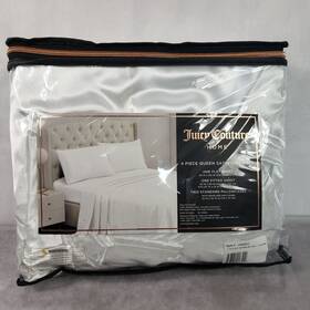 Juicy Couture 646760217519 Queen Satin Sheet Set 4 Piece Pure White