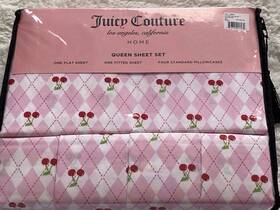 Juicy Couture 646760257980 6 Piece Cherries Cherry Argyle Pink Sheet Set Queen Size New
