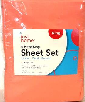 Just Home 481039604900 4 Piece King Sheet Set Coral Deep Pockets Nib Just Home 481039604900 4 Piece King Sheet Set Coral Deep Pockets Nib