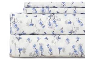 Kacemoo 774829206454 King Sheet Set 4pc Printed Blue Floral Sheets Flower Pattern Double Bed Luxur