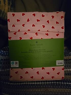 Kate Spade 198099155494 Queen Sheet Set 100% Cotton Percale Pink Hearts On White 4 Piece New