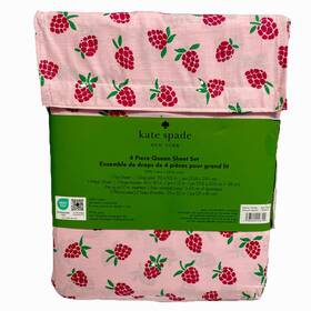Kate Spade 198099158792 Raspberries Print Cotton Sheet Set With Holder - Pink Nwt Queen