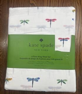 43025041111mx Kate Spade New York 4 Pc King Bed Sheet Set Colorful Rainbow Dragonflies Bugs White Nwt