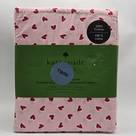 Ks456789 Kate Spade New York Twin Sheet Set 100% Cotton Percale Brushstroke Hearts Chalk Pink Red