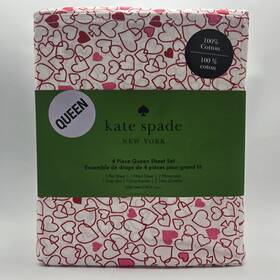 Ks5912345 Kate Spade New York Queen Sheet Set 100% Cotton Percale Pink Red Outline Heart White Rose