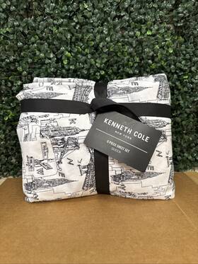 Kenneth Cole New York 744111024646 Nyc Landmarks 6-piece Soft Black/white Microfiber Queen Sheet Set
