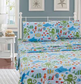 Kids Zone Home Linen 665752460177 Sheet Set Sea Life Octopus Crabs Fishes Whales Sharks Light Blue Green Red Orang