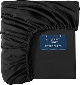 Jfs1p-qn-blk Lane Linen Queen Fitted Sheet Only - 4 Way Stretch Knitted Deep Black