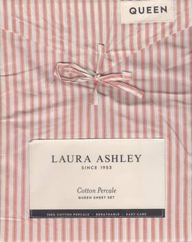 Laura Ashley 199165005354 Queen Sheet Set Tessas Ticking Stripe Beige 4pc Cottage Farmhouse