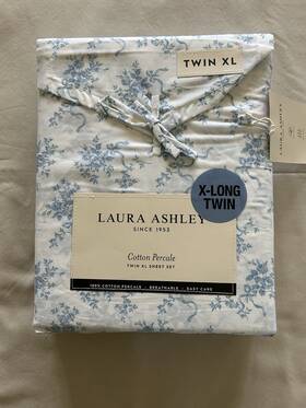 Laura Ashley 199165017685 New 3pc Twin Xl Dorm Sheet Set Cottage Bow Wrapped Blue And White