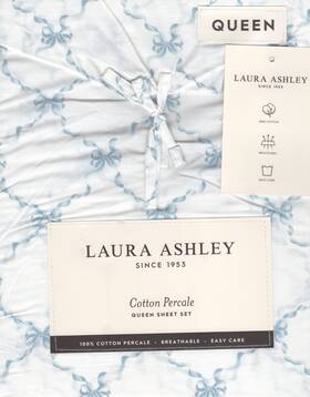 Laura Ashley 199165017753 Queen Sheet Set Bow Ribbon Blue 4pc Cottage Farmhouse Chic White