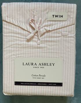 Laura Ashley 199165017876 New Twin Sheet Set Jaynie Ticking Pink Stripe 100% Cotton Percale