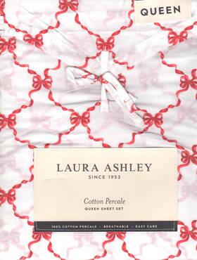 Laura Ashley 199165046173 Queen Sheet Set Bow Ribbon Red 4pc Cottage Farmhouse Chic White