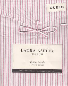 Laura Ashley 199165046227 Queen Sheet Set Jaynie Ticking Stripe Red 4pc Cottage Farmhouse