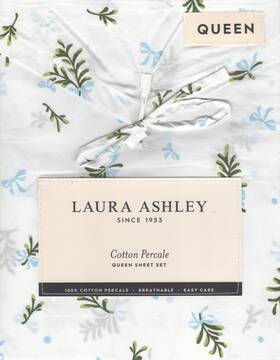 Laura Ashley 199165054321 Queen Sheet Set Merry Mistletoe Blue 4pc Cottage Holiday Farmhouse