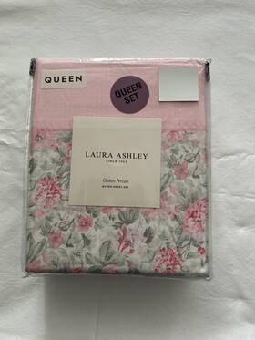 Laura Ashley 199165067581 New 4pc Queen Sheet Set Cottage Floral Ribbon With Pink Hem