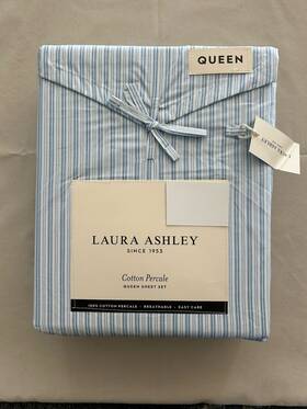 Laura Ashley 199165072349 New 4pc Queen Sheet Set Bedford Skinny Stripe Blue And White