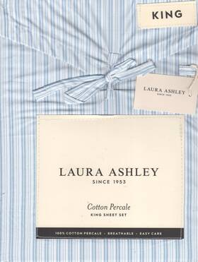 Laura Ashley 199165072356 King Sheet Set Bedford Skinny Stripe Blue 4pc Cottage Farmhouse