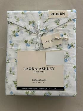 Laura Ashley 199165072394 New 4pc Queen Sheet Set Cottage Rosebuddies Blue Green And White