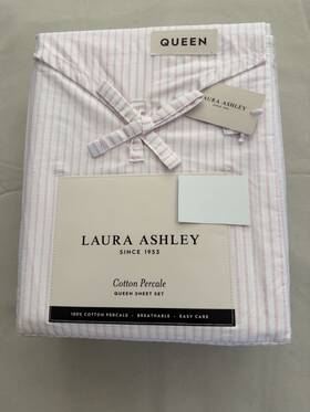 Laura Ashley 199165096307 New 4pc Queen Sheet Set Jaynie Ticking Stripes Pink And White