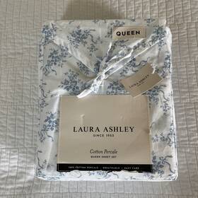Laura Ashley 199165096345 Queen Sheet Set Bow Wrapped Blue 4pc Cottage Farmhouse Shabby White