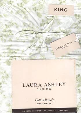 Laura Ashley 199165096390 King Sheet Set Bella Floral Green 4pc Cottage Farmhouse Chic Cotton