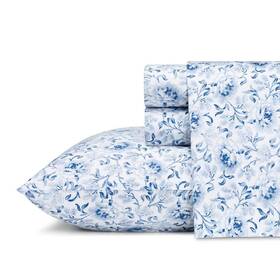 219212 Laura Ashley Sheet Set 300-thread Count Queen Deep Pocket Sateen Blue 4-piece