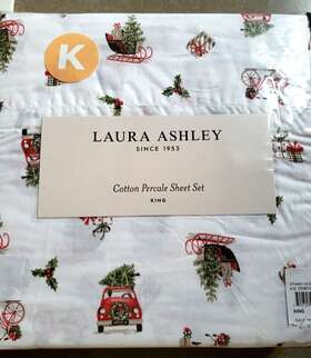 Laura Ashley 300725961380 King Cotton Sheet Set Holiday Vehicles Evergreen 4pc Farmhouse Red