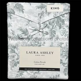 3698cs Laura Ashley 4pc King Percale Sheet Set Vanessa Vintage Washed Green And White