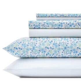 54625709 Laura Ashley King 6pc Printed Pattern Percale Cotton Sheet Set Blue Floral -