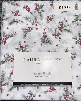 Laura Ashley 883893804210 Christmas Holly Mistletoe Sheet Set Cotton Percale - King Size