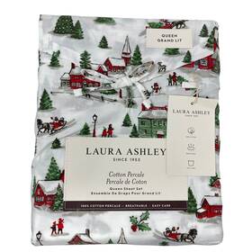 Laura Ashley 883893849303 Queen Percale Sheet Set Christmas Holiday Village Nwt
