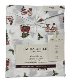 Laura Ashley 883893849389 Queen Percale Sheet Set Christmas Vehicles Truck Bike Sleigh Nwt