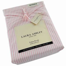 Laura Ashley 883893875340 Cotton Percale Queen Sheet Set Oxford Stripe Pink Cottage Shabby