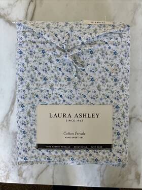 Laura Ashley 883893876422 King Size Inch Evie Blue Floral Designer 100% Cotton Percale Sheet Set