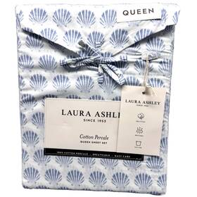 Laura Ashley 883893884144 4pc Blue Seashell Queen Sheet Set Scallop Shells Beach Coastal New