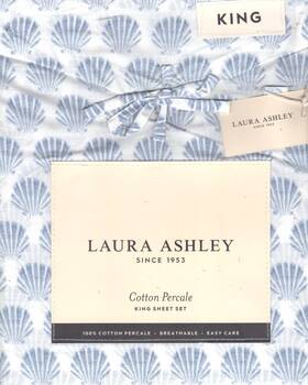 Laura Ashley 883893884151 King Sheet Set Scallop Blue Shells 4pc Cottage Farmhouse Beach Chic