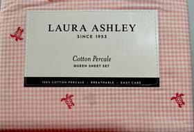 Laura Ashley 883893884182 Queen 4 Pc Cotton Percale Sheet Set Pink Turtle Gingham Beach New
