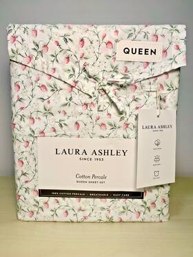 Laura Ashley 883893889903 Queen Sheet Set Bramble Vine Pink 4pc Cottage Farmhouse Green White