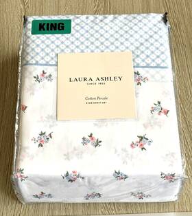 Laura Ashley 883893894020 Harperette 4pc King Sheet Set Pink/blue Floral - Cotton Percale New