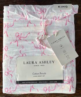 Laura Ashley 883893898547 King Size Sheet Set Trailing Bows Pink And White Cottage Farmhouse