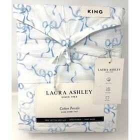 Laura Ashley 883893904996 Blue Trailing Bows King Sheet Set Percale 100% Cotton Ribbons Read