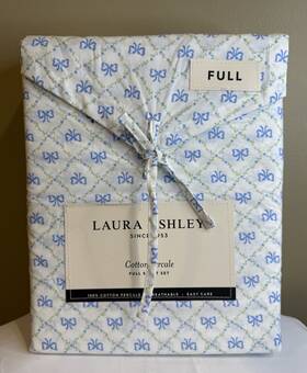 Laura Ashley 883893905177 Full Sheet Set Kate Bow Blue 4pc Cottage Farmhouse Green Floral