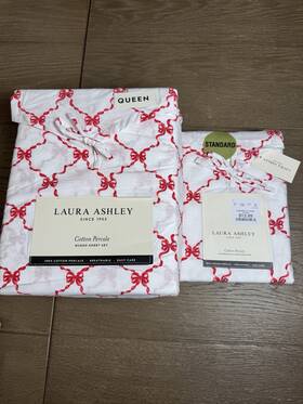 Laura Ashley 883893922778 New 4pc Queen Sheet Set And Pillow Case Cottage Bow Ribbon Red White