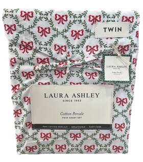 Laura Ashley 883893922808 Twin Sheet Set Inch Bow Trellis White Red Green 3pc Cottage Holiday