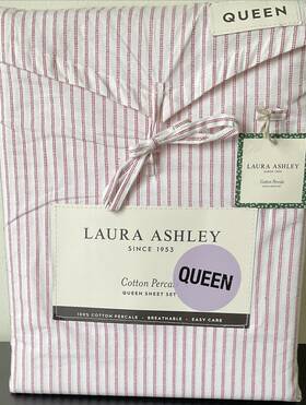 Laura Ashley 883893922877 Cotton Percale Jaynie Ticking Stripe Red White Queen Sheet 4pc. Set Laura Ashley 883893922877 Cotton Percale Jaynie Ticking Stripe Red White Queen Sheet 4pc. Set
