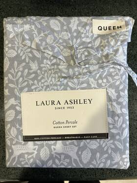 Laura Ashley 883893935525 Cotton Percale Queen Sheet Set Gray Grey Deer Dance Holiday Print