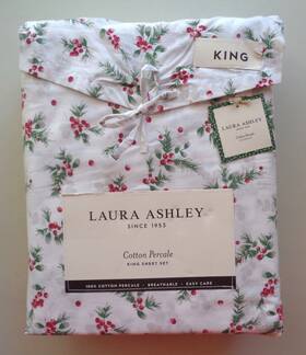 Laura Ashley 883893935631 King Sheet Set Berry Bright Red Green 4pc Cottage Holiday Cotton